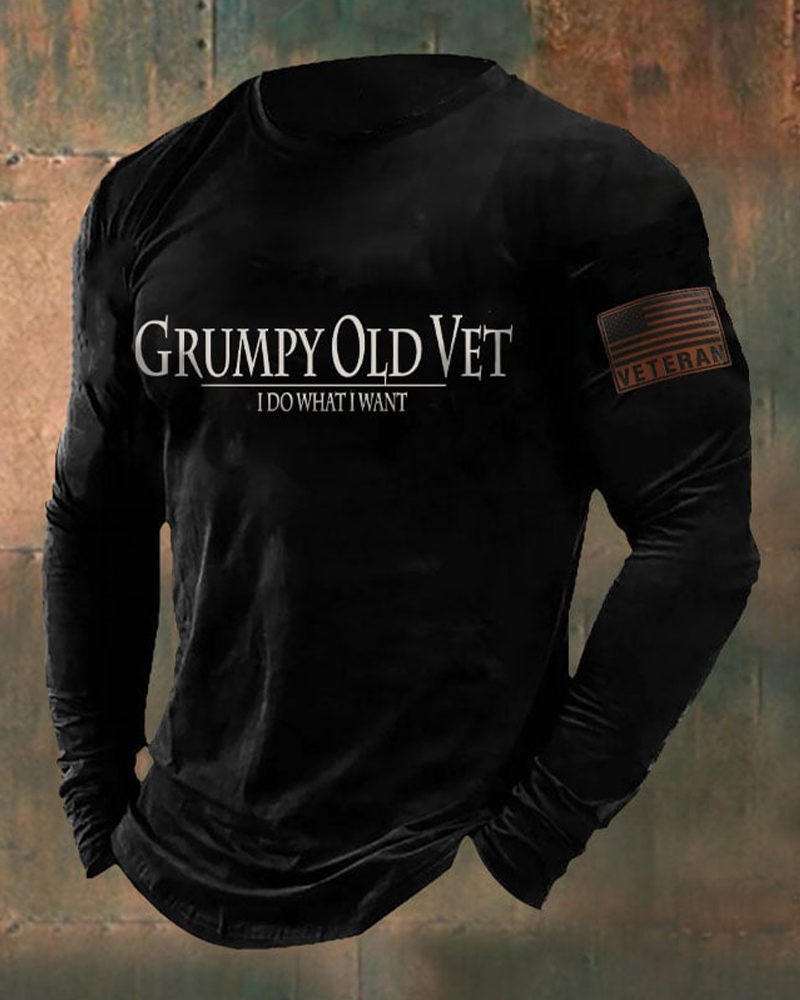 Men's Veteran Flag Printed Casual Long Sleeve T-Shirt