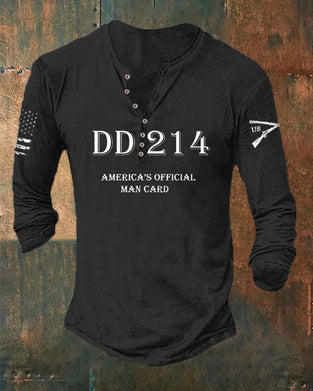 Men's DD214 America's Official Man Card Printed Casual Henley T-Shirt