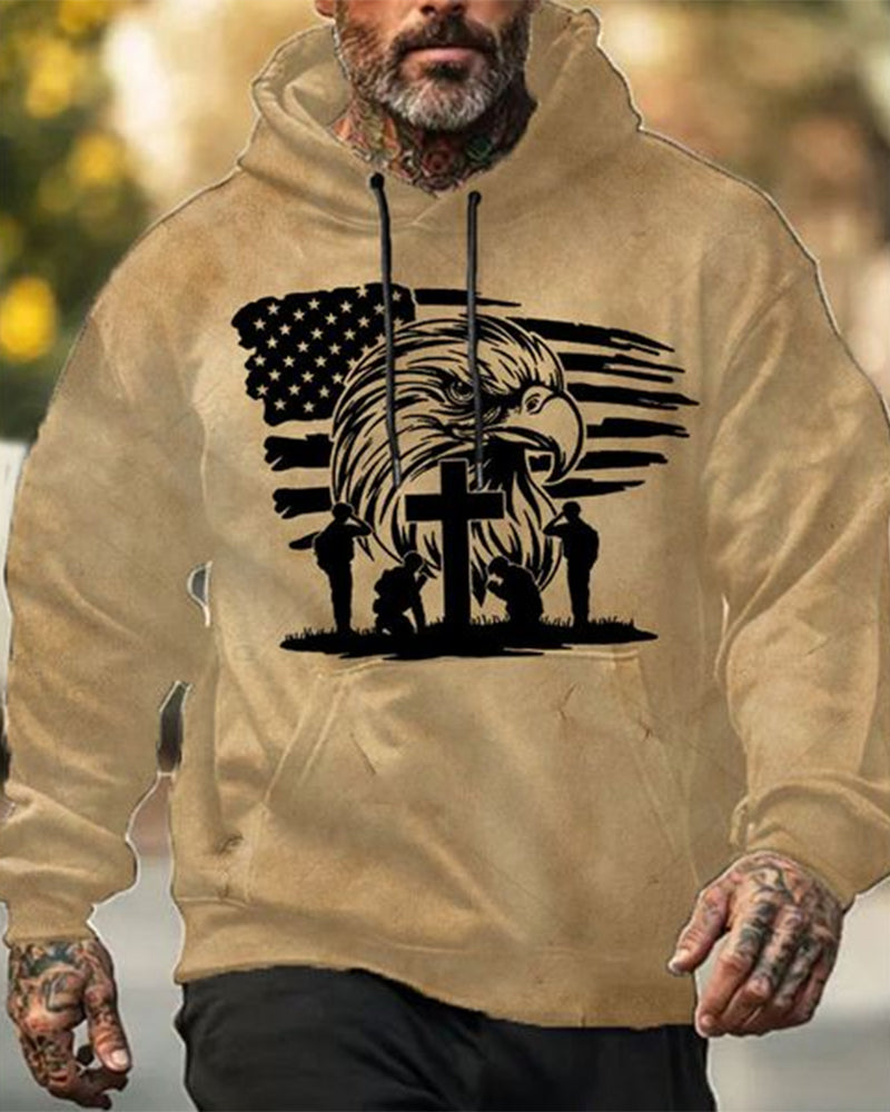 Men's Eagle Soldier Print Casual Hooded Sweatshirt