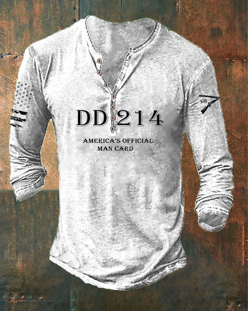 Men's DD214 America's Official Man Card Printed Casual Henley T-Shirt