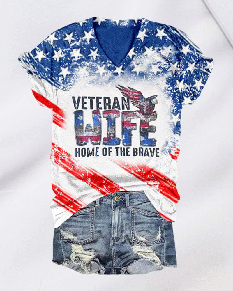 Women's Veteran Wife Home of the Brave Print V-Neck T-Shirt